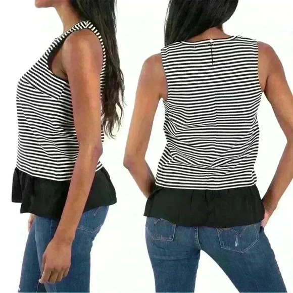 J Crew Women’s Striped Ruffle-Hem Tank Top White Black Size M Slightly Loose Fit - Picture 4 of 6